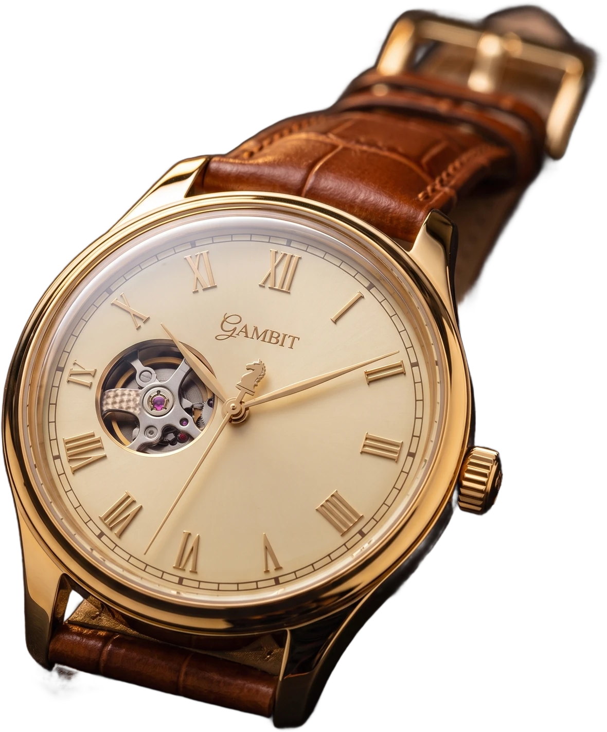 Gambit watch in ivory and gold two tone, open heart dial with chess knight seconds