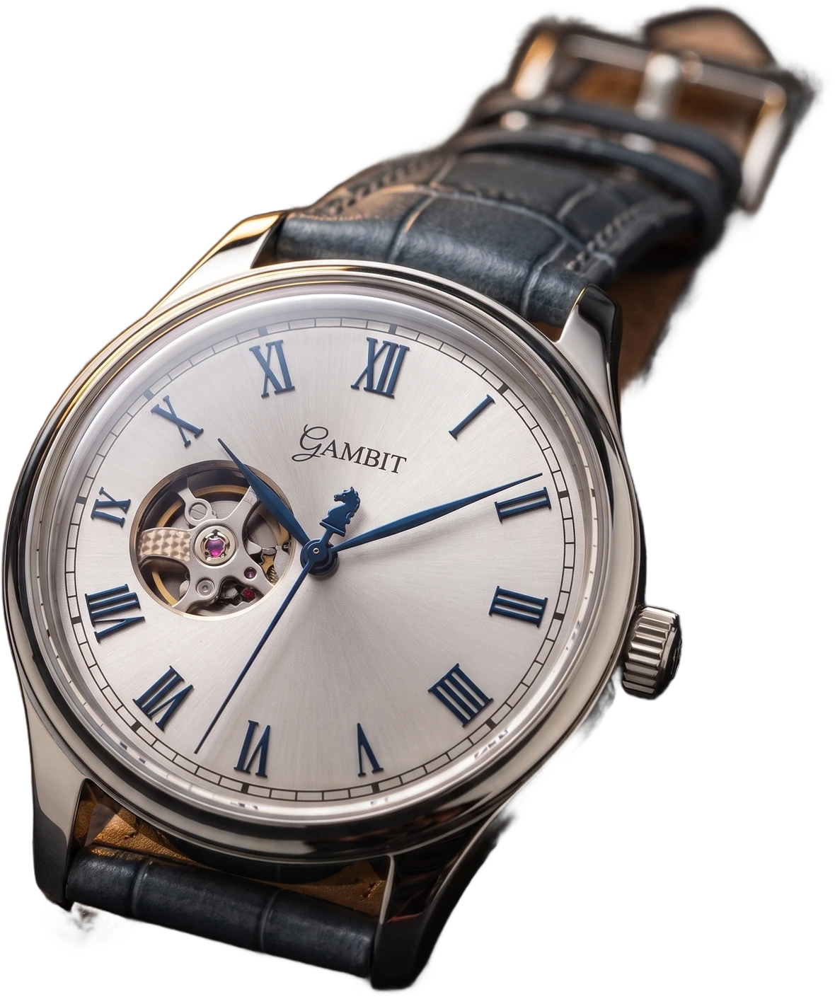Gambit watch in silver and blue, open heart dial with chess knight seconds