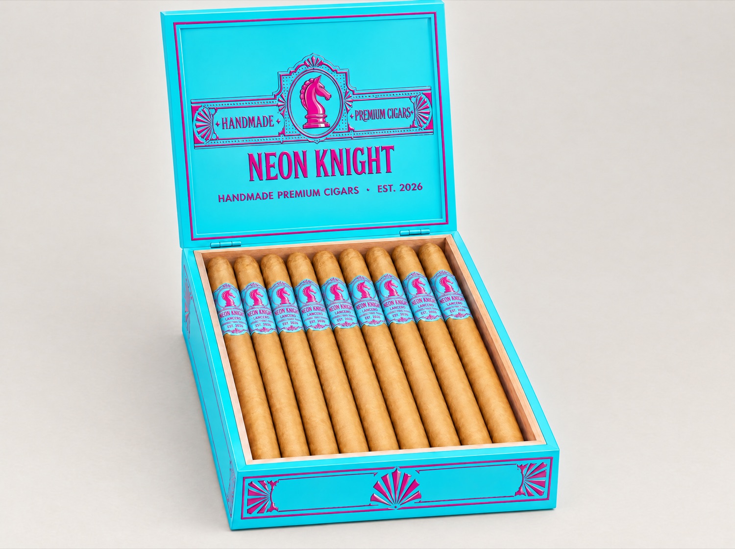 NEON KNIGHT cigar box of 10, tiffany blue and hot pink, Connecticut Shade Lanceros inside